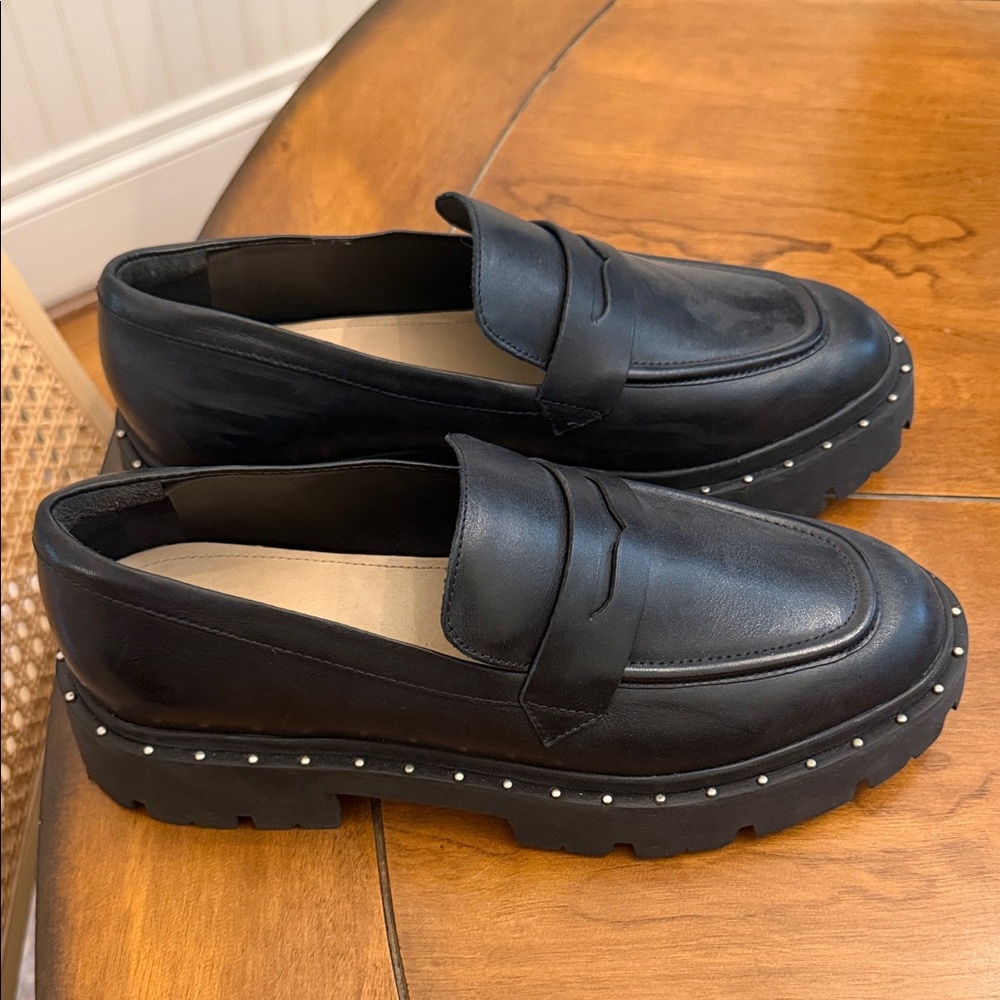 Black Stud-Trim Leather Platform Penny Loafers
